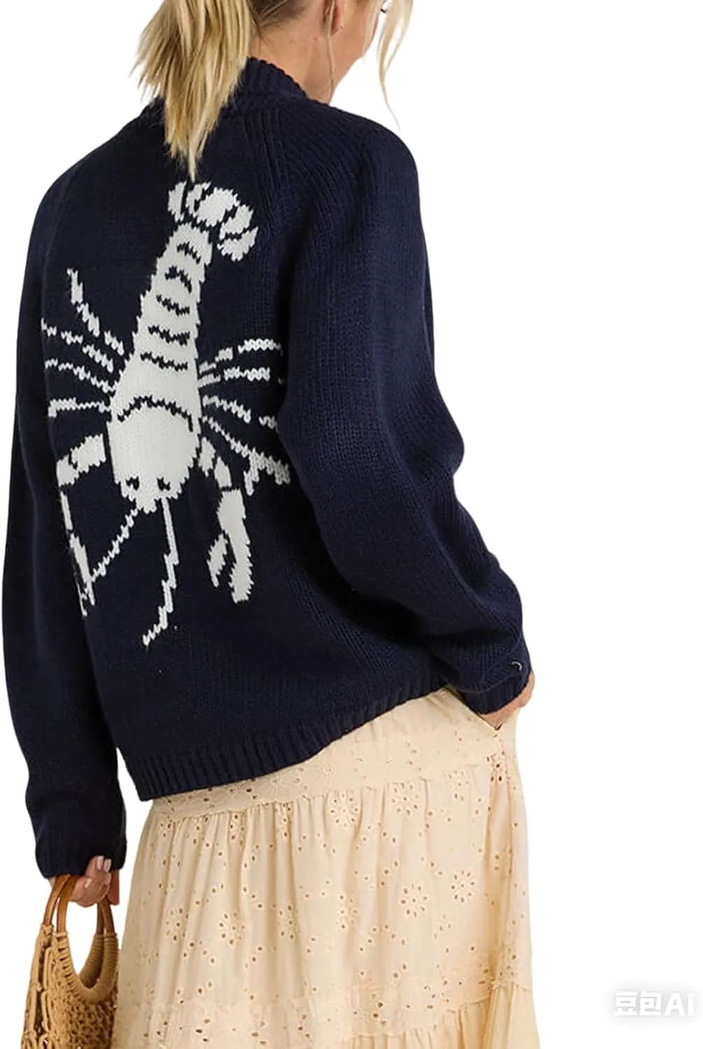 Women Shawl Collar Cardigan Sweater Lobster Print Long Sleeve Button Down Jumper Tops Vintage Chunky Knit Coat