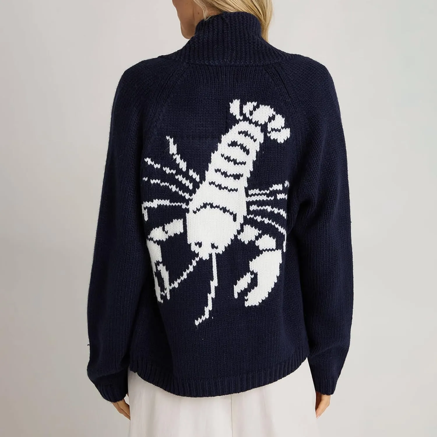 Women Shawl Collar Cardigan Sweater Lobster Print Long Sleeve Button Down Jumper Tops Vintage Chunky Knit Coat