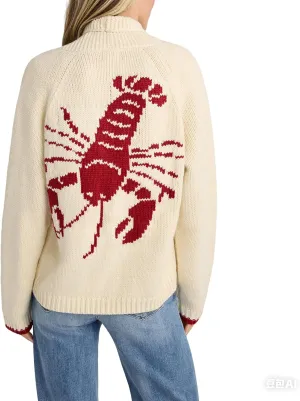 Women Shawl Collar Cardigan Sweater Lobster Print Long Sleeve Button Down Jumper Tops Vintage Chunky Knit Coat