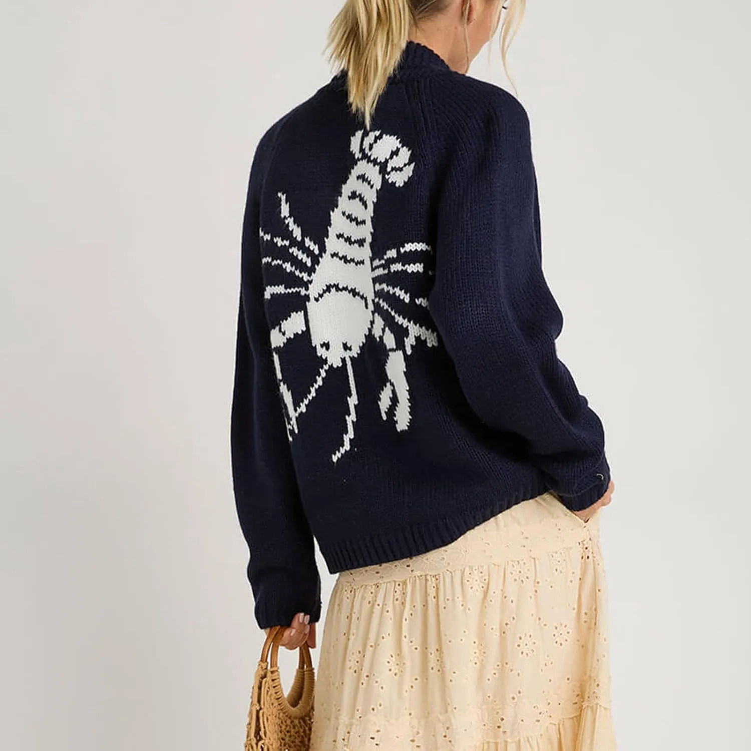 Women Shawl Collar Cardigan Sweater Lobster Print Long Sleeve Button Down Jumper Tops Vintage Chunky Knit Coat