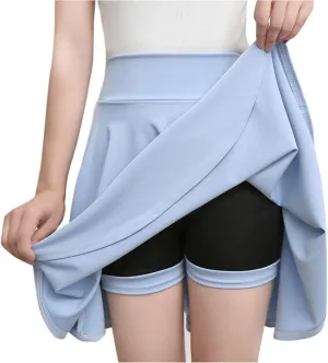 Women Skirt with Shorts High Waist Side Zipper Pleated Wrap Solid Color Casual Summer A Line Mini Skirts