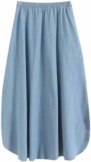 Women Slit Side with Pockets Denim A-Line Skirt Retro Casual Elastic Waist Long Skirts