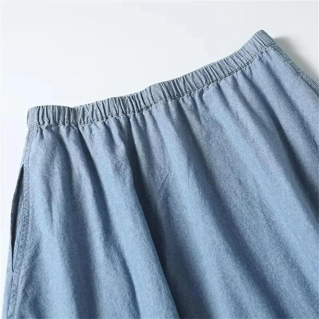 Women Slit Side with Pockets Denim A-Line Skirt Retro Casual Elastic Waist Long Skirts