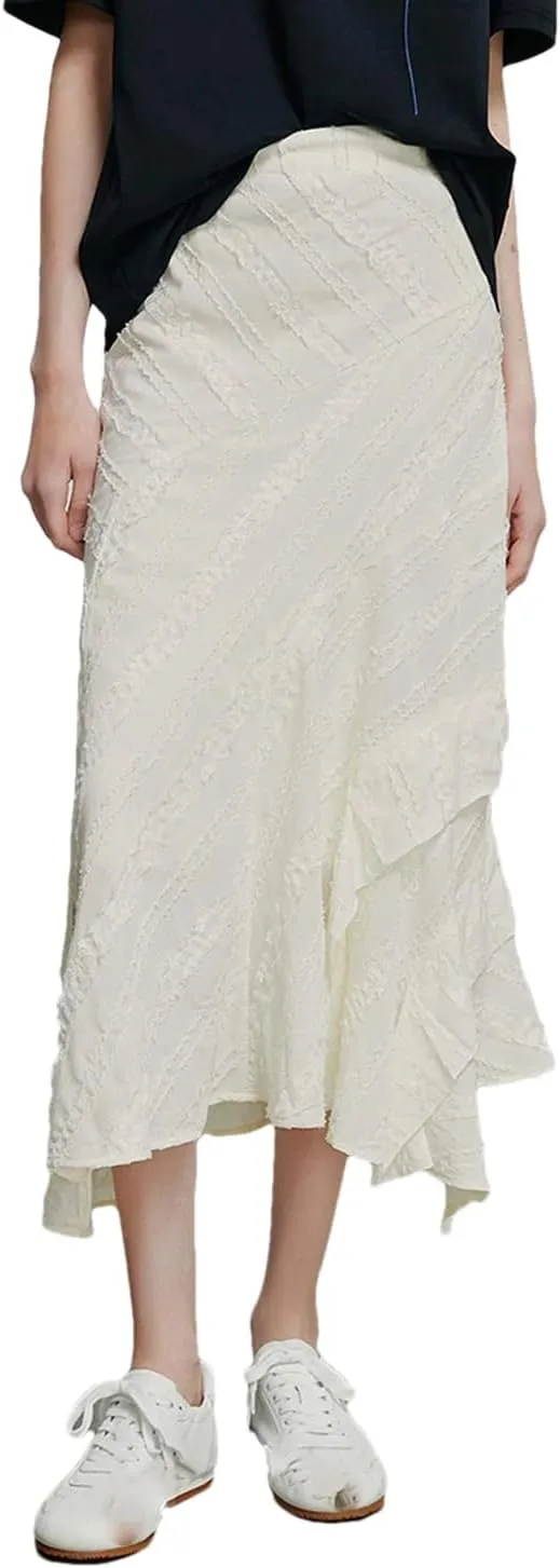 Women Solid Color High Waist Pleated Skirt Chiffon Elastic Ruffle Tiered Flowy Midi Skirts