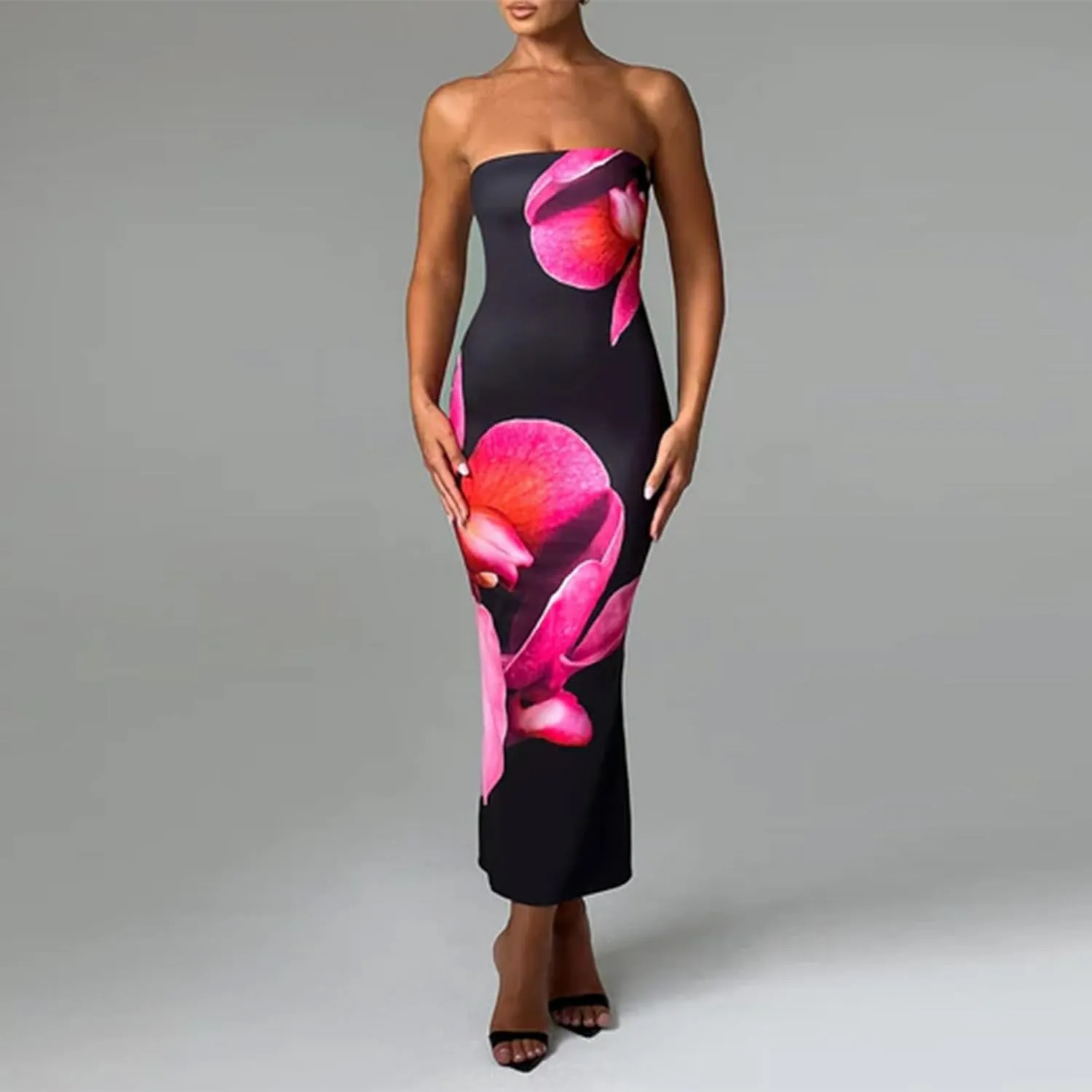 Women Strapless Tube Top Floral Maxi Dress Y2k Sleevelss Backless Bodycon Long Dress Summer Club Cocktail Sundress