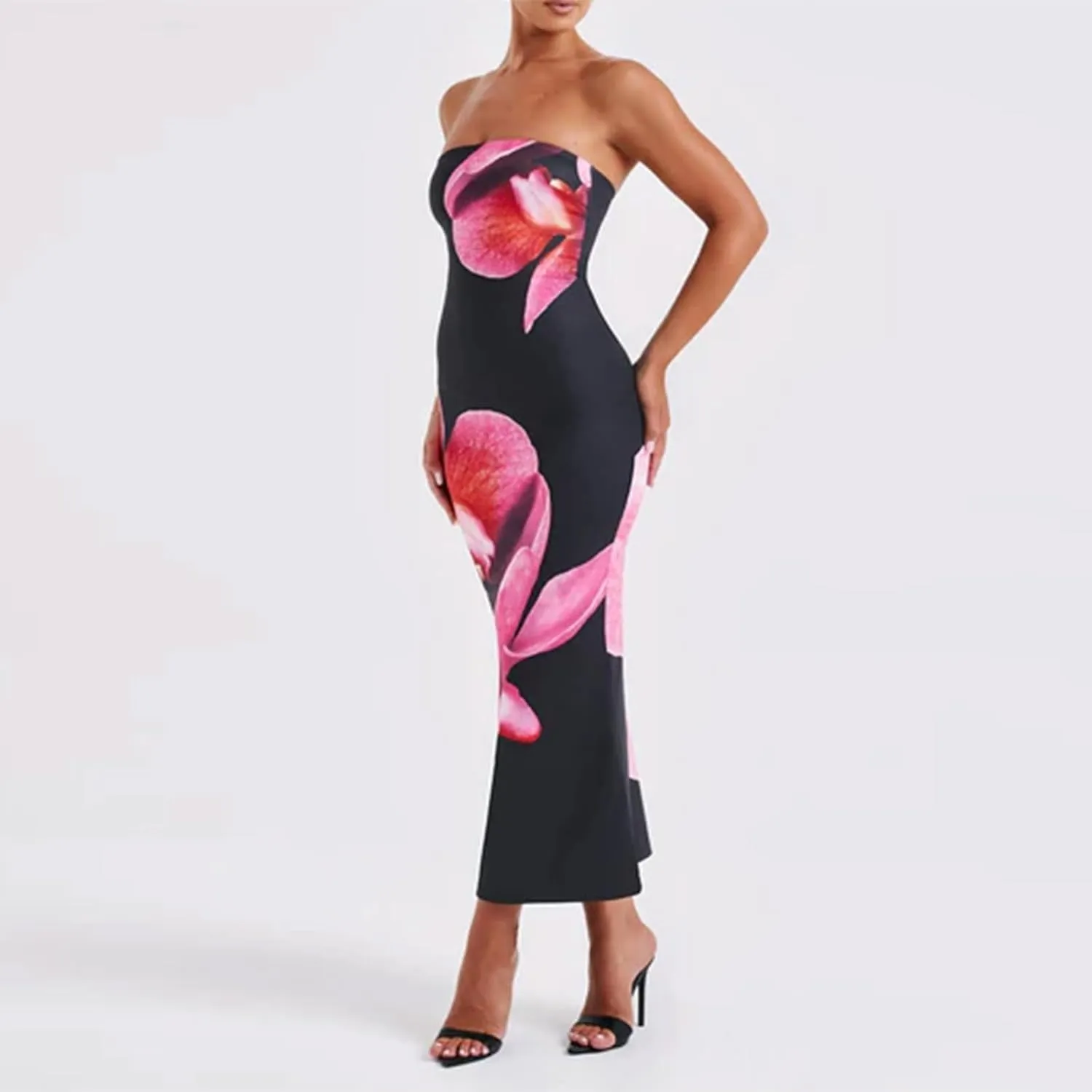 Women Strapless Tube Top Floral Maxi Dress Y2k Sleevelss Backless Bodycon Long Dress Summer Club Cocktail Sundress