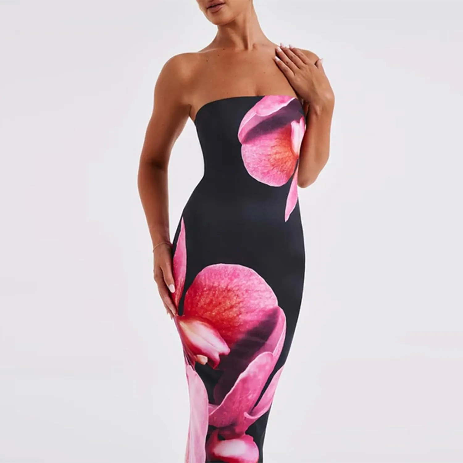 Women Strapless Tube Top Floral Maxi Dress Y2k Sleevelss Backless Bodycon Long Dress Summer Club Cocktail Sundress