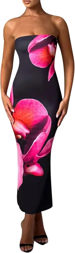 Women Strapless Tube Top Floral Maxi Dress Y2k Sleevelss Backless Bodycon Long Dress Summer Club Cocktail Sundress