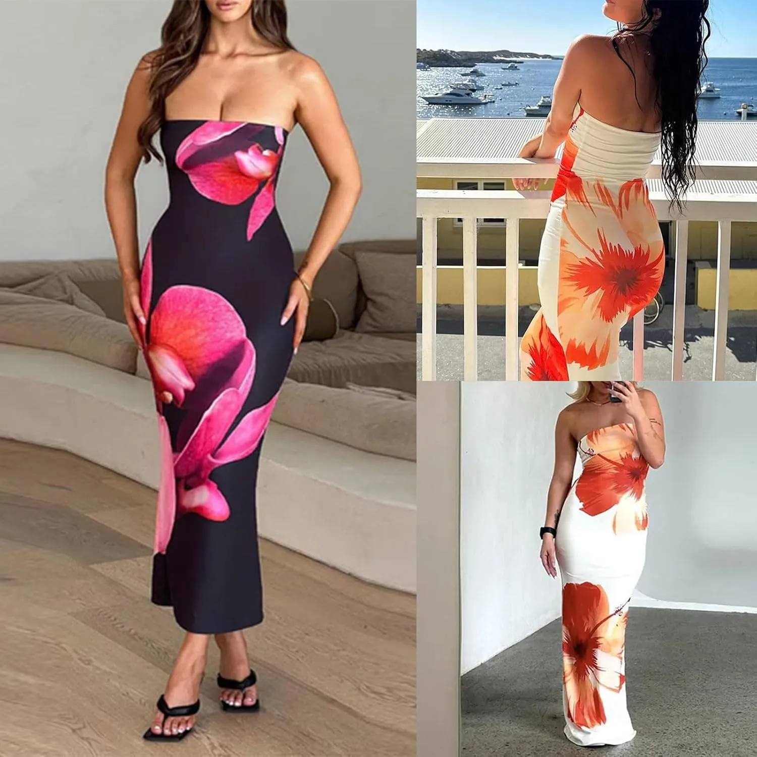 Women Strapless Tube Top Floral Maxi Dress Y2k Sleevelss Backless Bodycon Long Dress Summer Club Cocktail Sundress