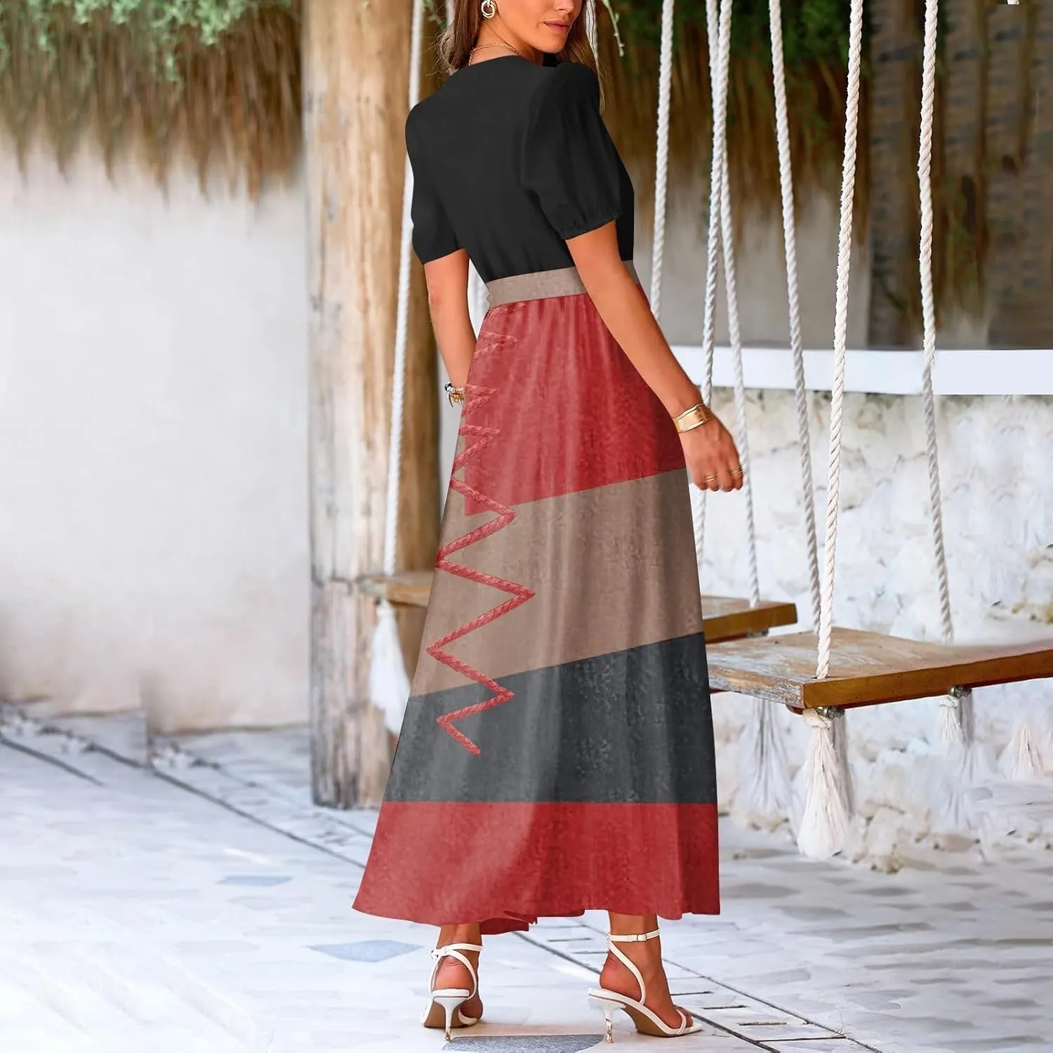 Women Summer Color Block Maxi Dress Vacation Floral Short Sleeve Spring Casual Boho Split Beach Long Flowy Sundress