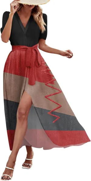 Women Summer Color Block Maxi Dress Vacation Floral Short Sleeve Spring Casual Boho Split Beach Long Flowy Sundress