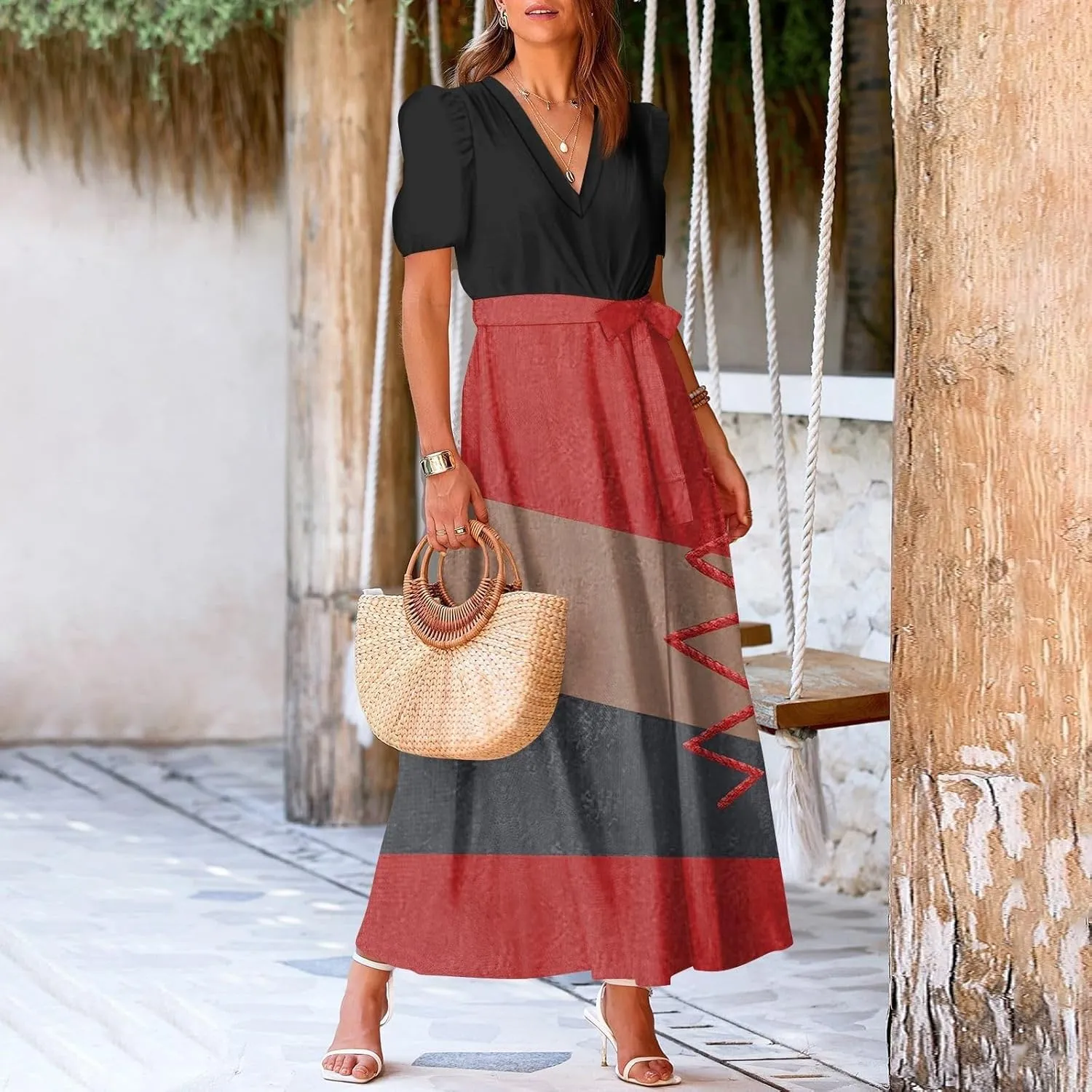 Women Summer Color Block Maxi Dress Vacation Floral Short Sleeve Spring Casual Boho Split Beach Long Flowy Sundress