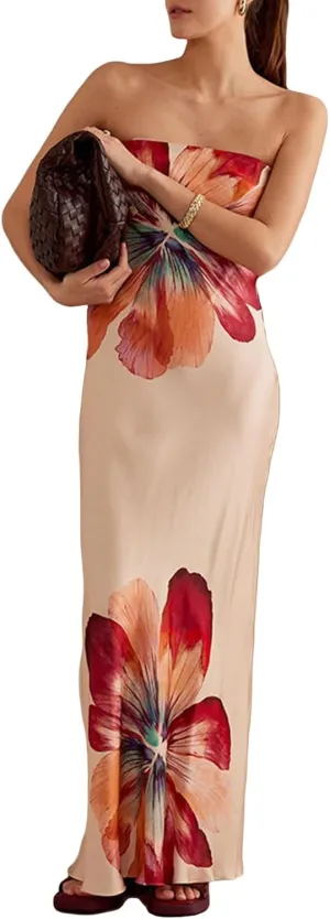 Women Summer Strapless Tube Maxi Dress Y2k Floral Off Shoulder Bodycon Dress Sexy Slip Party Cocktail Long Dress