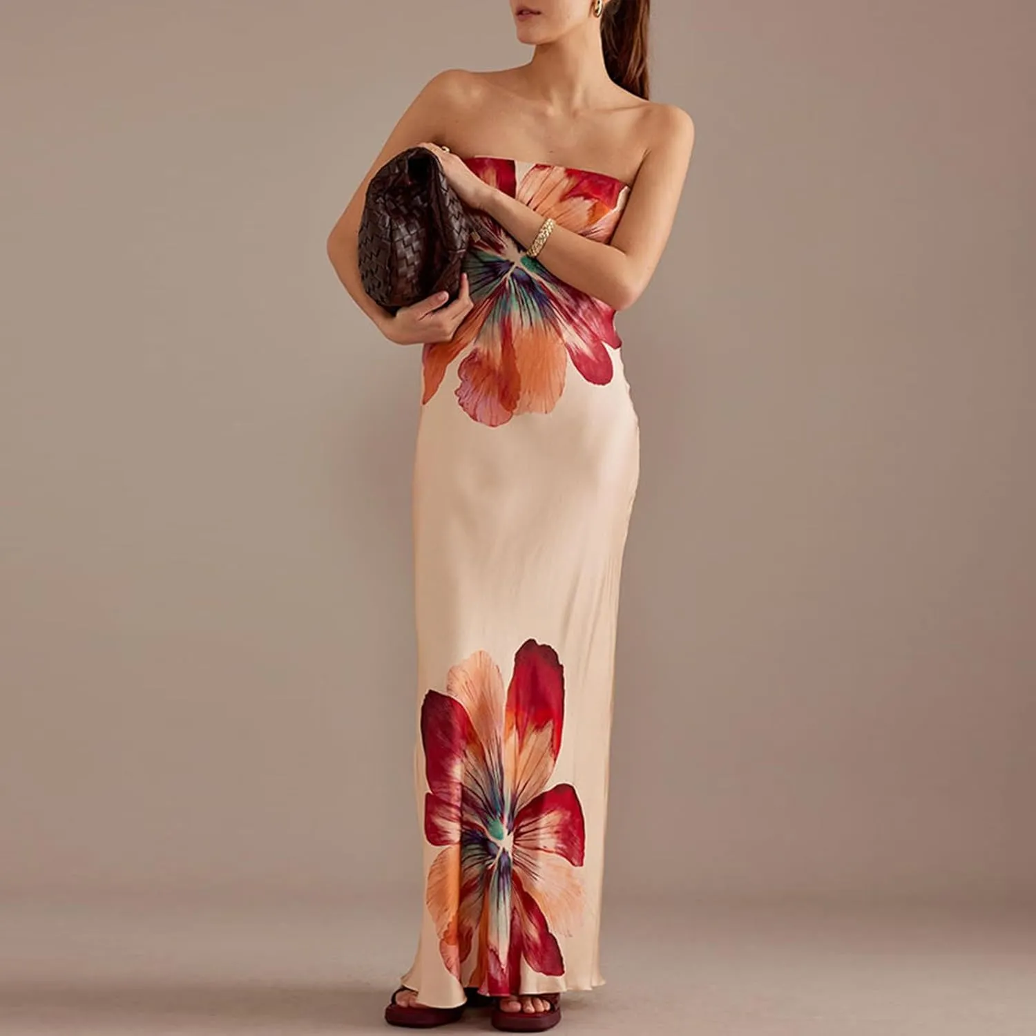 Women Summer Strapless Tube Maxi Dress Y2k Floral Off Shoulder Bodycon Dress Sexy Slip Party Cocktail Long Dress