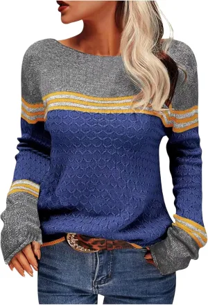 Women Trendy Jumper Striped Pullover Sweater Casual Lightweight Knit Tops Soft Fall Cable Sweaters Knitwear Shirts