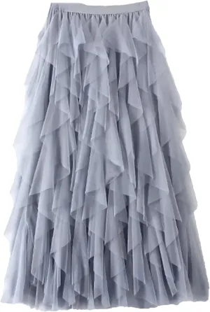 Women Tulle Maxi Skirt Fashion Korean High Waist Pleated Skirt Mesh Lady