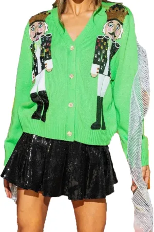 Women Ugly Christmas Cardigan Sweater Sequin Nutcracker Button Down Sweater Funny Graphic Knit Top Coat