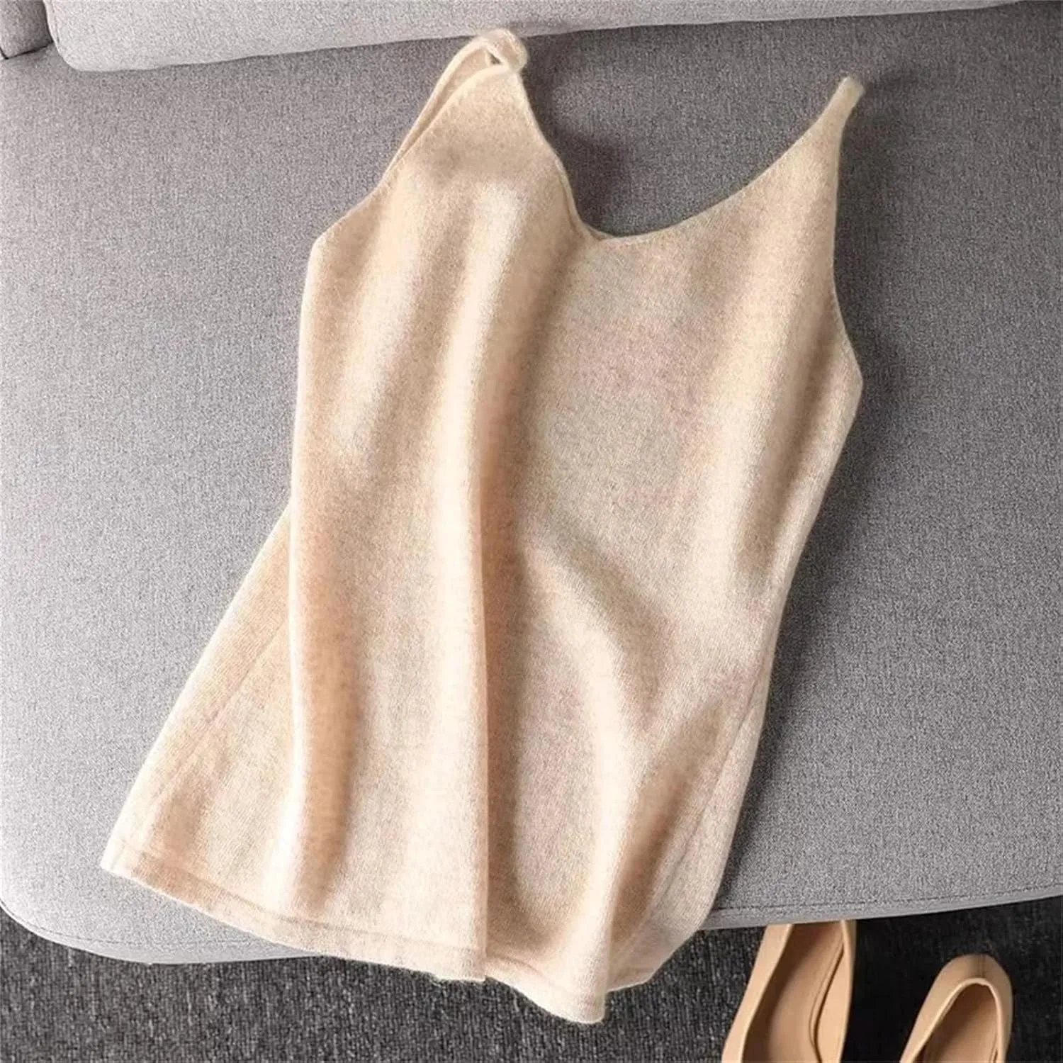 Women V-Neck Cashmere Knitted Tank Breif Sleeveless Wool Tops