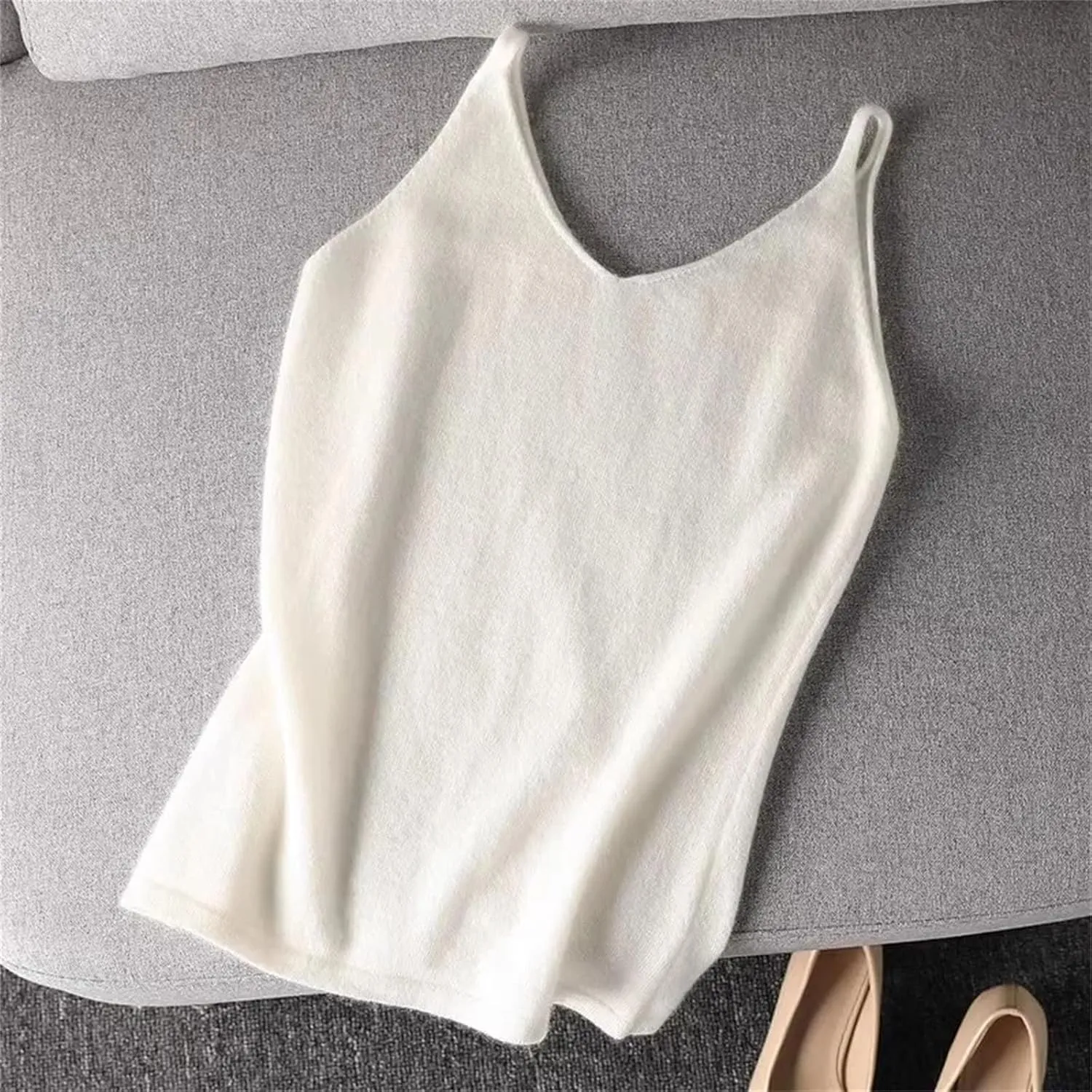 Women V-Neck Cashmere Knitted Tank Breif Sleeveless Wool Tops