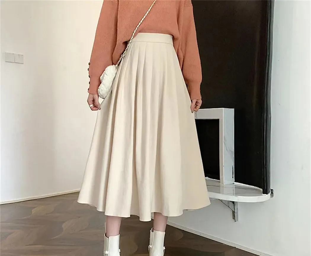 Women Vintage High Waist Pleated Skirt Korean Fashion College Style Casual A Line Long Skirt