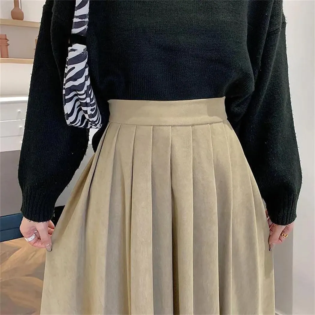 Women Vintage High Waist Pleated Skirt Korean Fashion College Style Casual A Line Long Skirt