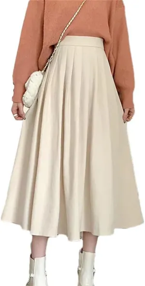 Women Vintage High Waist Pleated Skirt Korean Fashion College Style Casual A Line Long Skirt
