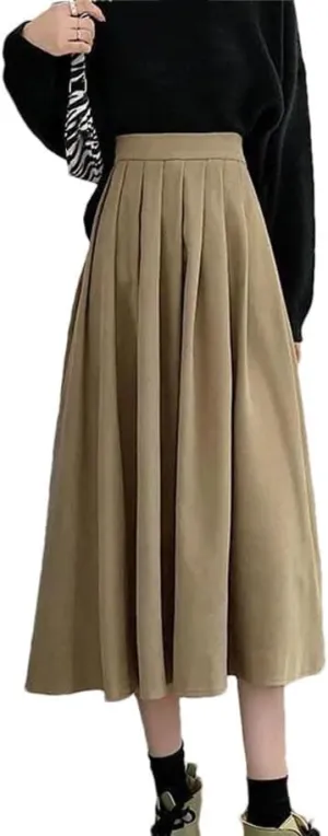 Women Vintage High Waist Pleated Skirt Korean Fashion College Style Casual A Line Long Skirt