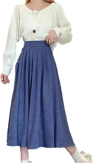 Women Vintage High Waist Pleated Skirt Korean Fashion College Style Casual A Line Long Skirt