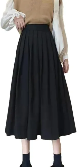 Women Vintage High Waist Pleated Skirt Korean Fashion College Style Casual A Line Long Skirt
