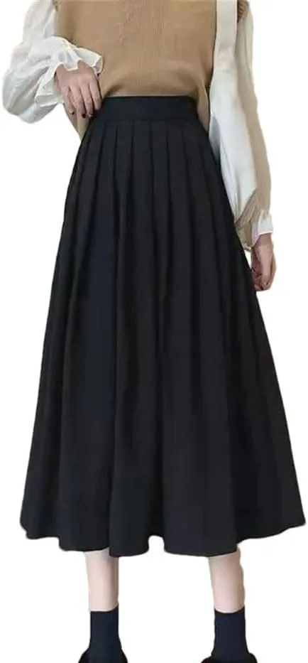 Women Vintage High Waist Pleated Skirt Korean Fashion College Style Casual A Line Long Skirt