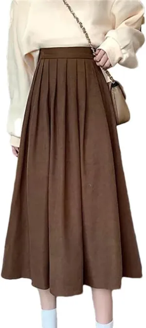 Women Vintage High Waist Pleated Skirt Korean Fashion College Style Casual A Line Long Skirt