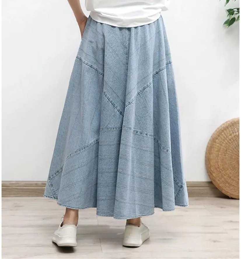 Women Vintage Long Maxi Denim A-Line Skirt with Pocket Elastic High Waist Skirts