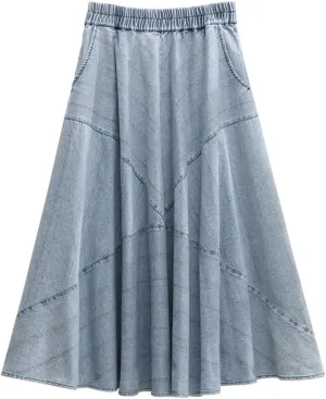 Women Vintage Long Maxi Denim A-Line Skirt with Pocket Elastic High Waist Skirts