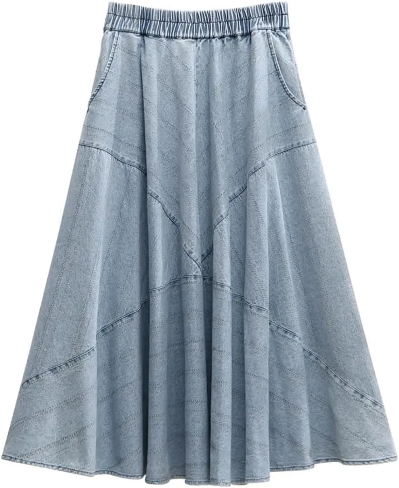 Women Vintage Long Maxi Denim A-Line Skirt with Pocket Elastic High Waist Skirts