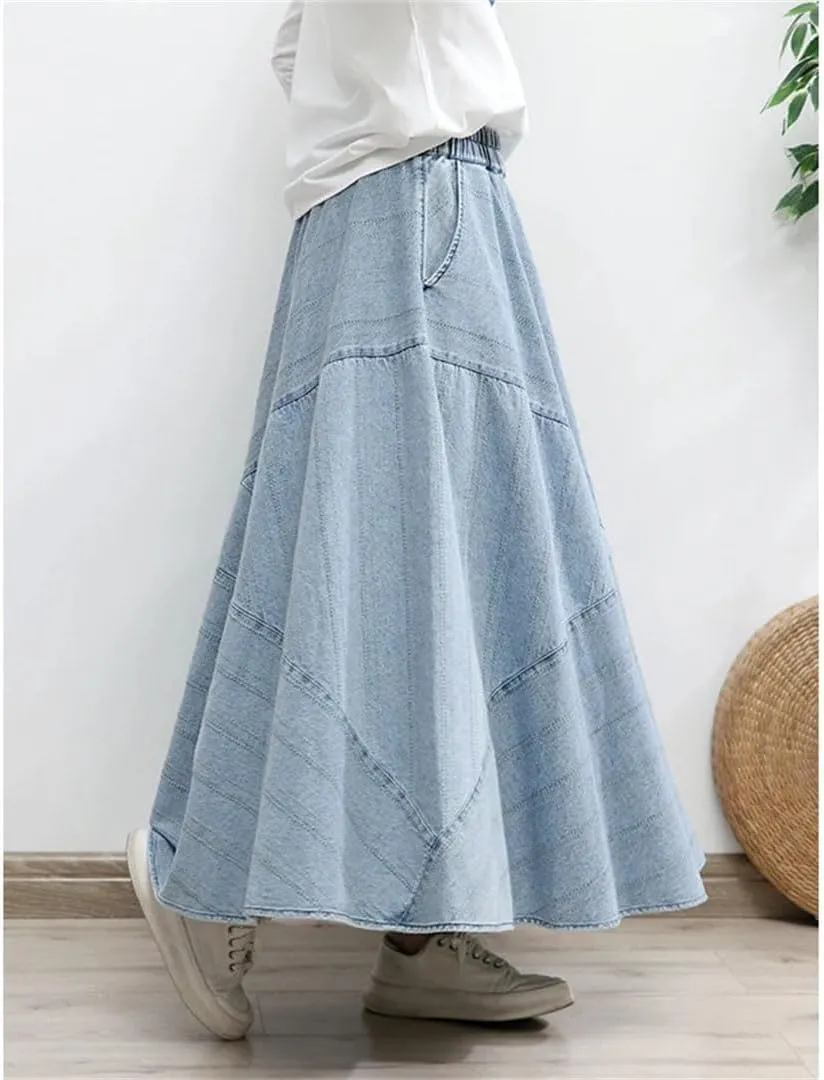 Women Vintage Long Maxi Denim A-Line Skirt with Pocket Elastic High Waist Skirts
