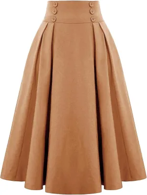 Women Vintage Skirt High Waist Pleated Skirt Midi A-Line Skirt Button Casual Knee Length Flared Skirts