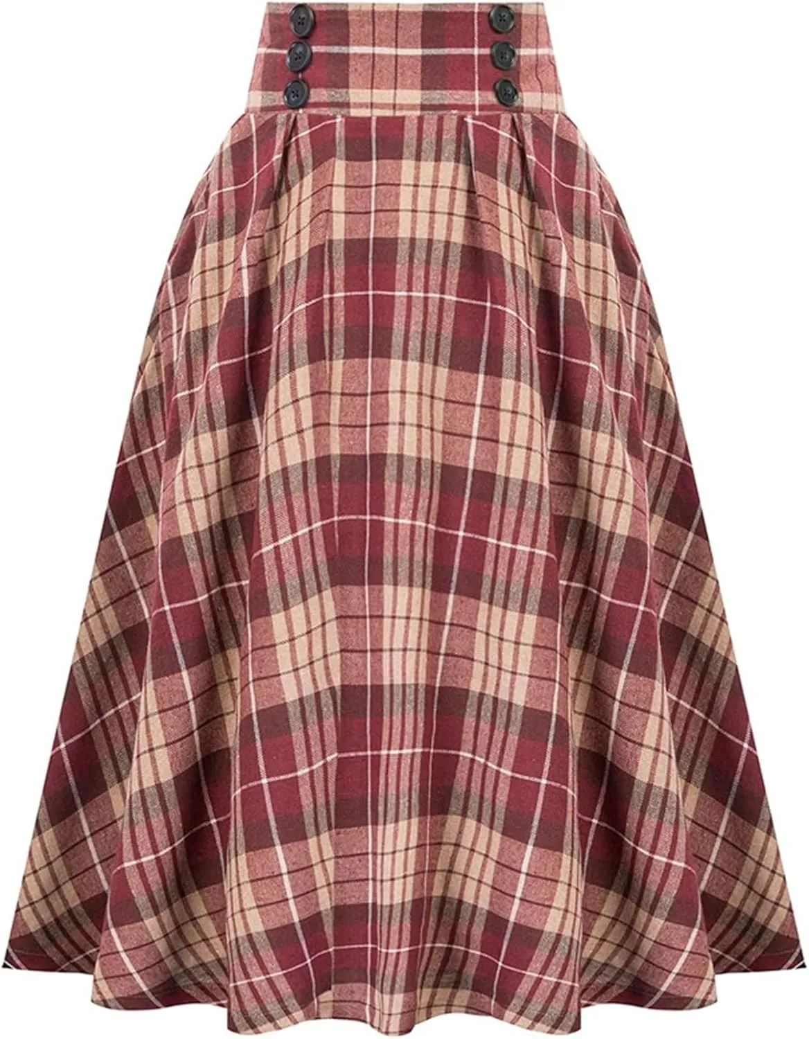 Women Vintage Skirt High Waist Pleated Skirt Midi A-Line Skirt Button Casual Knee Length Flared Skirts
