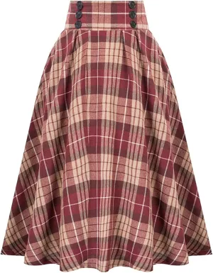 Women Vintage Skirt High Waist Pleated Skirt Midi A-Line Skirt Button Casual Knee Length Flared Skirts