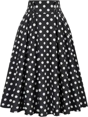 Women Vintage Skirt High Waist Pleated Skirt Midi A-Line Skirt Button Casual Knee Length Flared Skirts