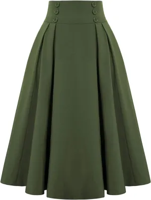Women Vintage Skirt High Waist Pleated Skirt Midi A-Line Skirt Button Casual Knee Length Flared Skirts