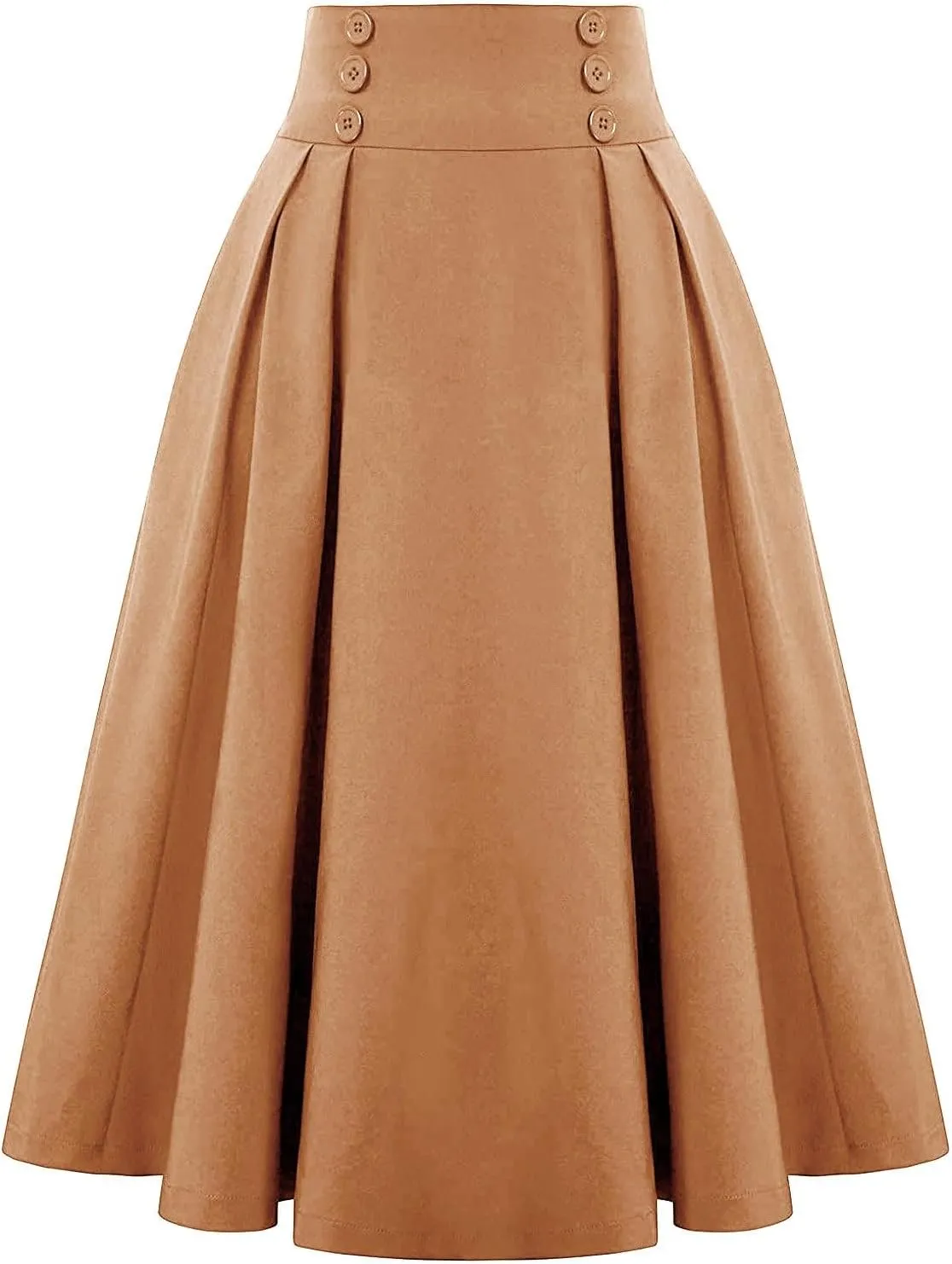 Women Vintage Skirt High Waist Pleated Skirt Midi A-Line Skirt Button Casual Knee Length Flared Skirts