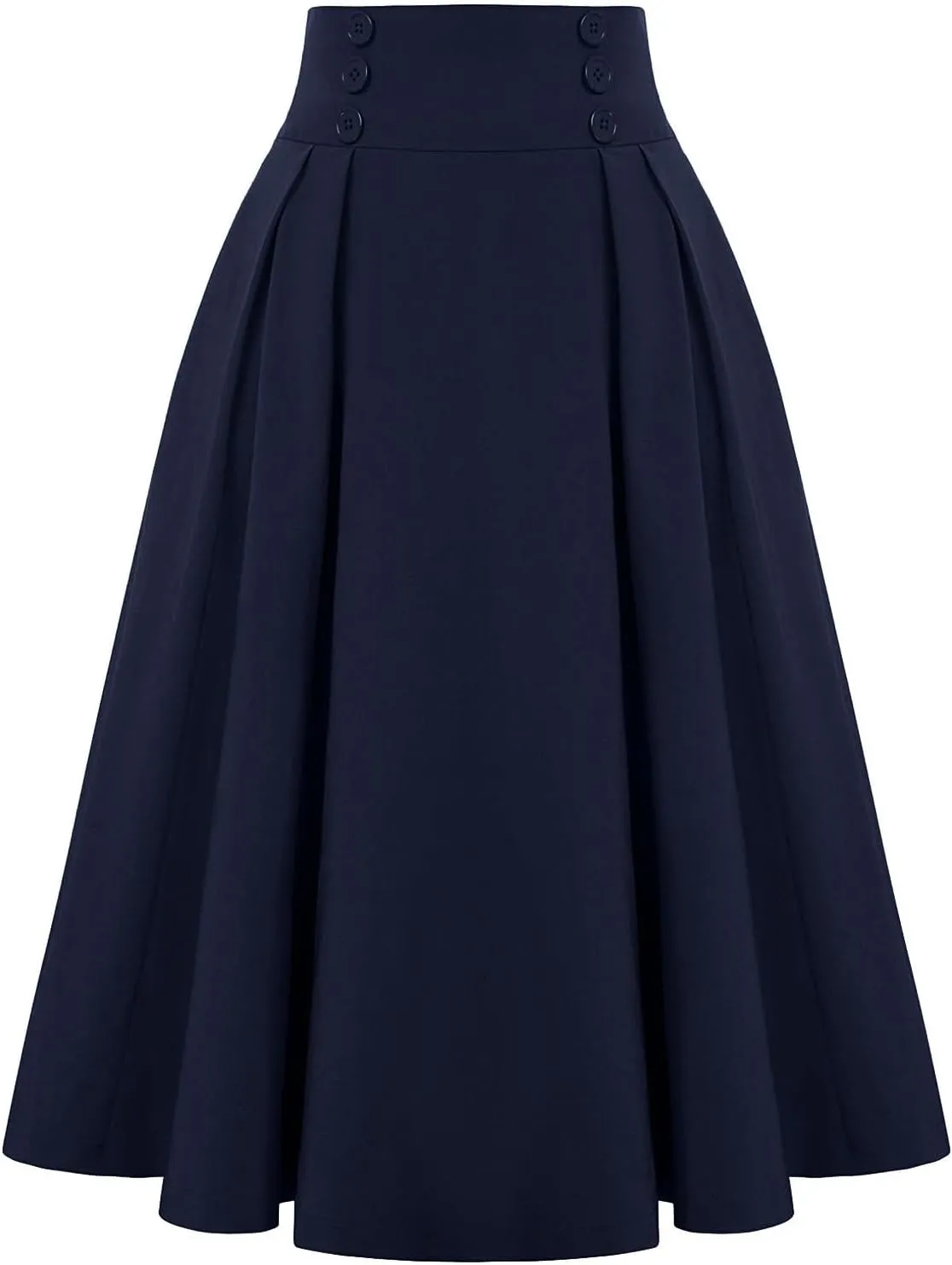 Women Vintage Skirt High Waist Pleated Skirt Midi A-Line Skirt Button Casual Knee Length Flared Skirts