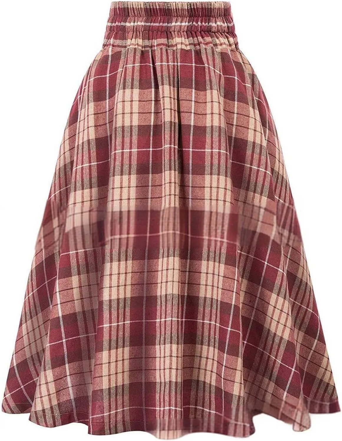 Women Vintage Skirt High Waist Pleated Skirt Midi A-Line Skirt Button Casual Knee Length Flared Skirts
