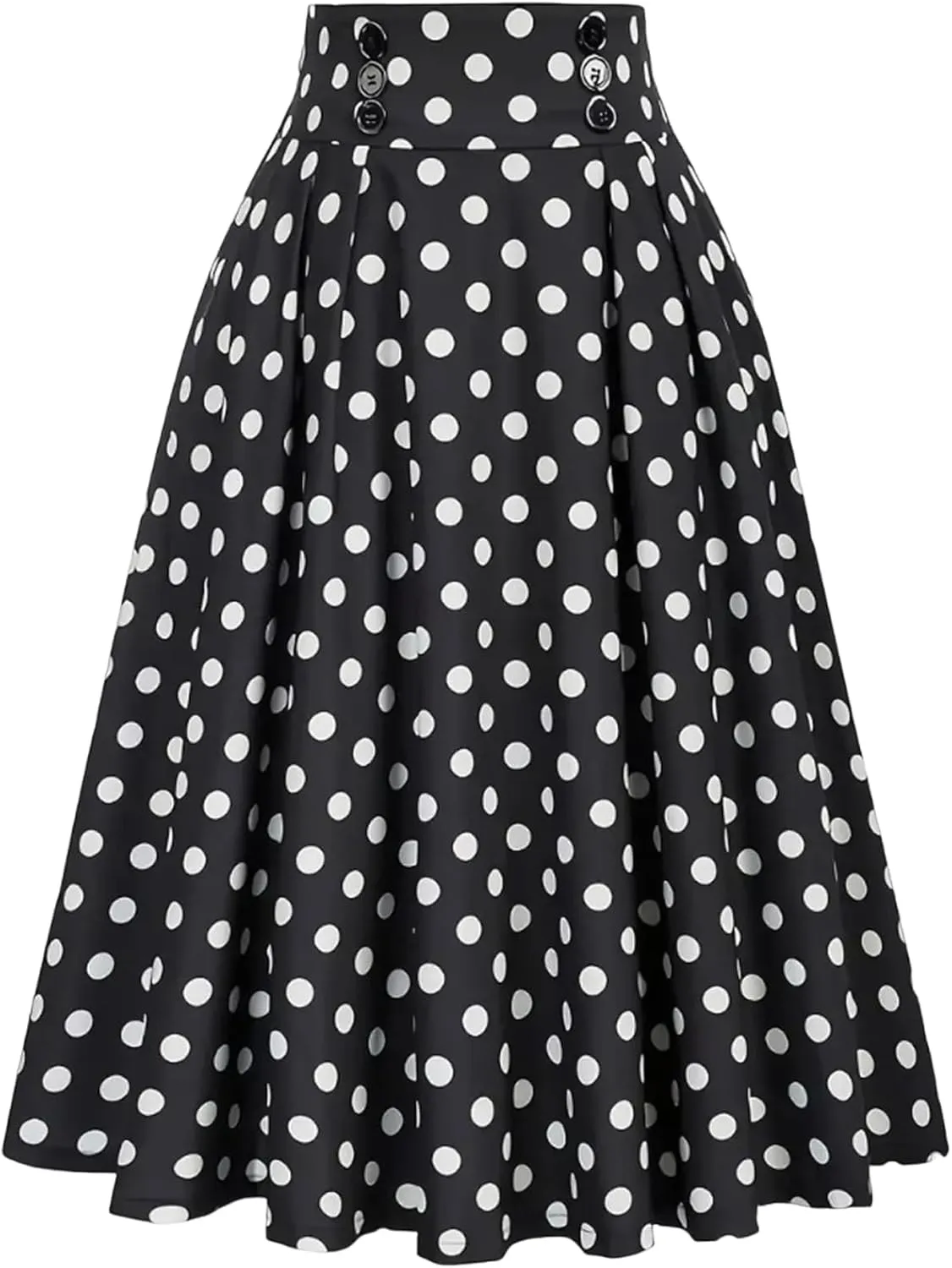 Women Vintage Skirt High Waist Pleated Skirt Midi A-Line Skirt Button Casual Knee Length Flared Skirts