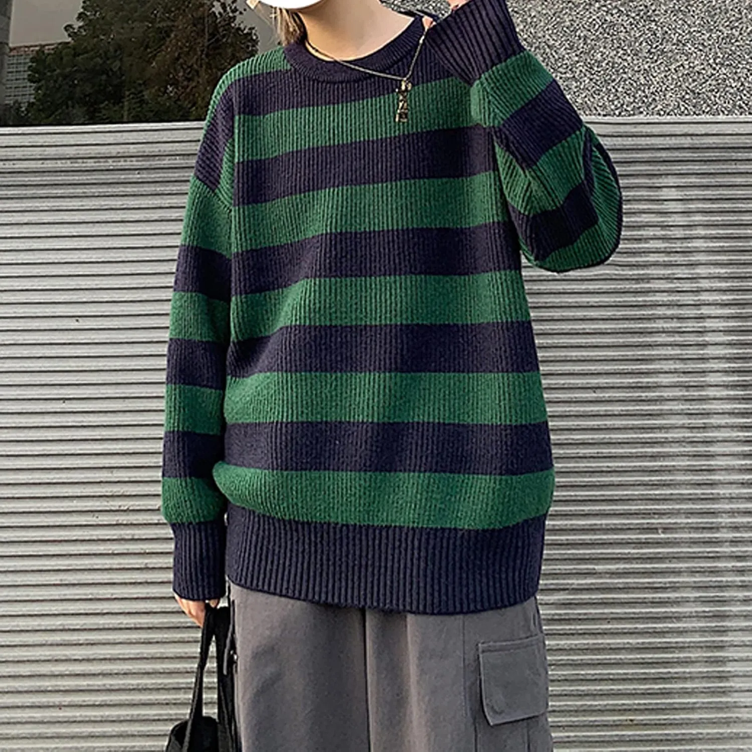 Women Vintage Striped Sweater Knitted Long Sleeve Loose Oversized Pullover Jumper Tops
