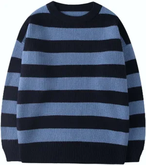 Women Vintage Striped Sweater Knitted Long Sleeve Loose Oversized Pullover Jumper Tops
