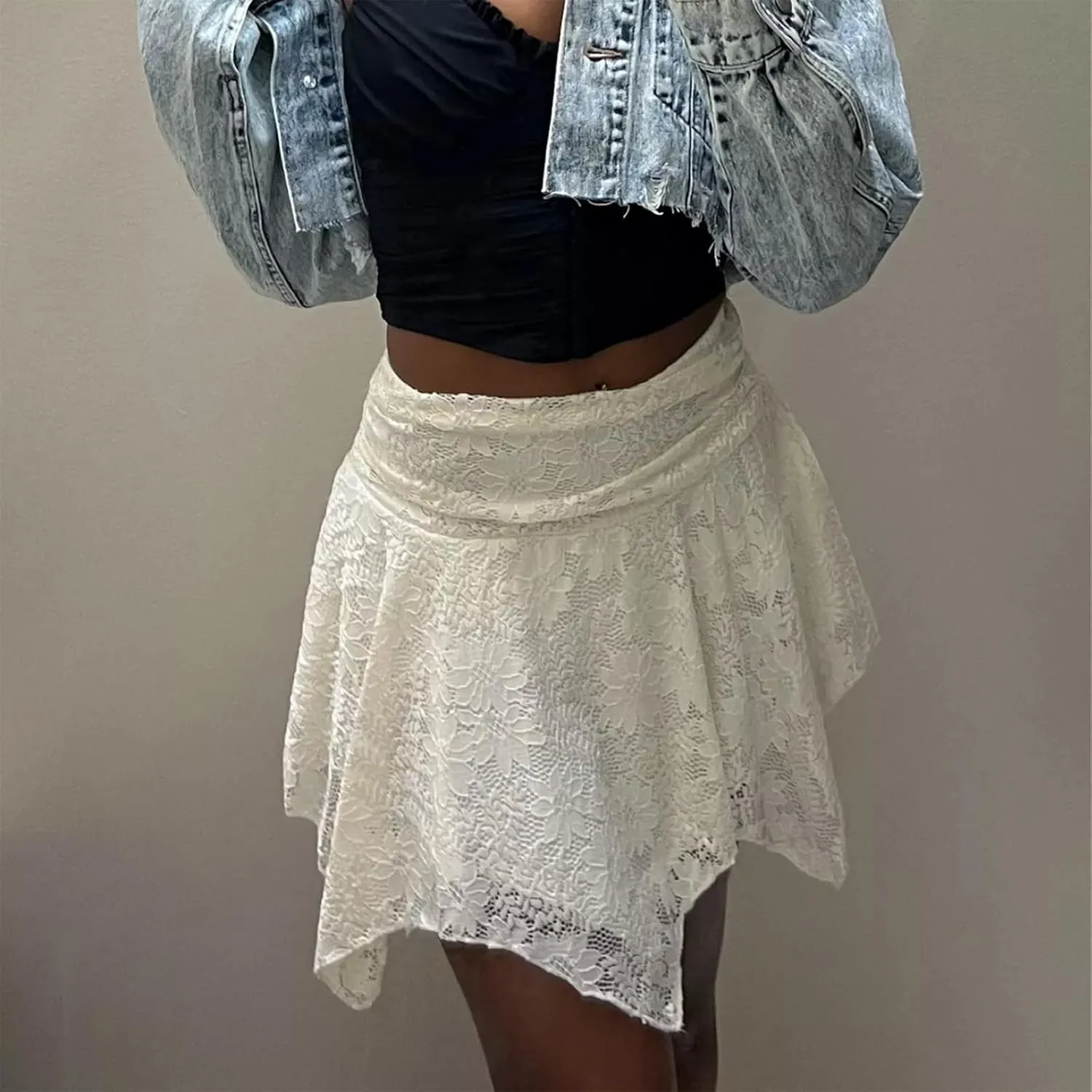 Women Y2K Lace Mini Skirt Low Rise Layered Pleated Flowy Short Skirt Teen Girls Aesthetic Ruffle Tiered Asymmetric Slip Skirt