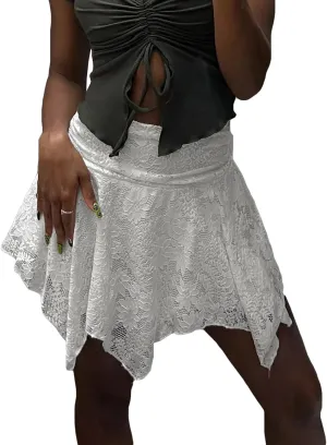 Women Y2K Lace Mini Skirt Low Rise Layered Pleated Flowy Short Skirt Teen Girls Aesthetic Ruffle Tiered Asymmetric Slip Skirt