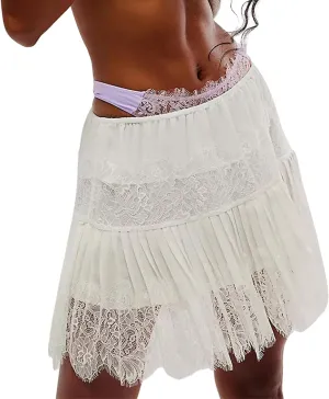 Women Y2k Lace Mini Skirts Low Rise Pleated Half Slip Skirt Sexy Low Waist Ruffle Tiered Short Skirts Underskirt