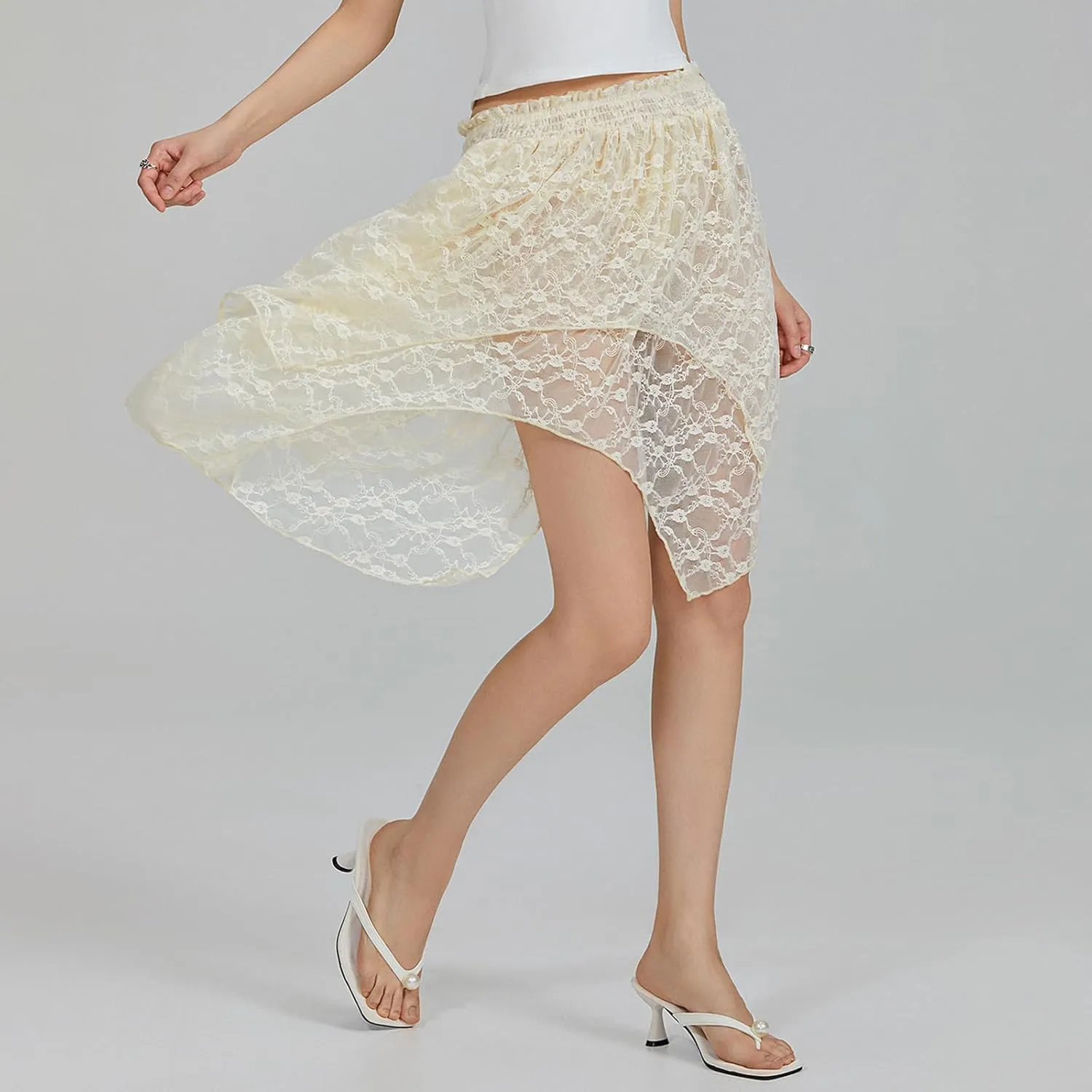 Women Y2k Lace Slip Skirt Elastic Low Rise Mini Skirts Pleated Half Slip Short Skirt Flowy Short Skirt Streetwear
